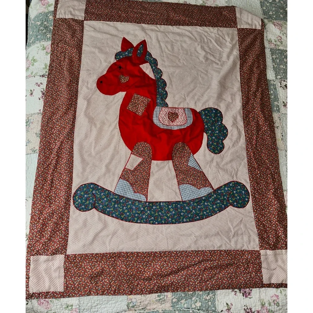 Vintage Handmade Baby Blanket Rocking Horse Design